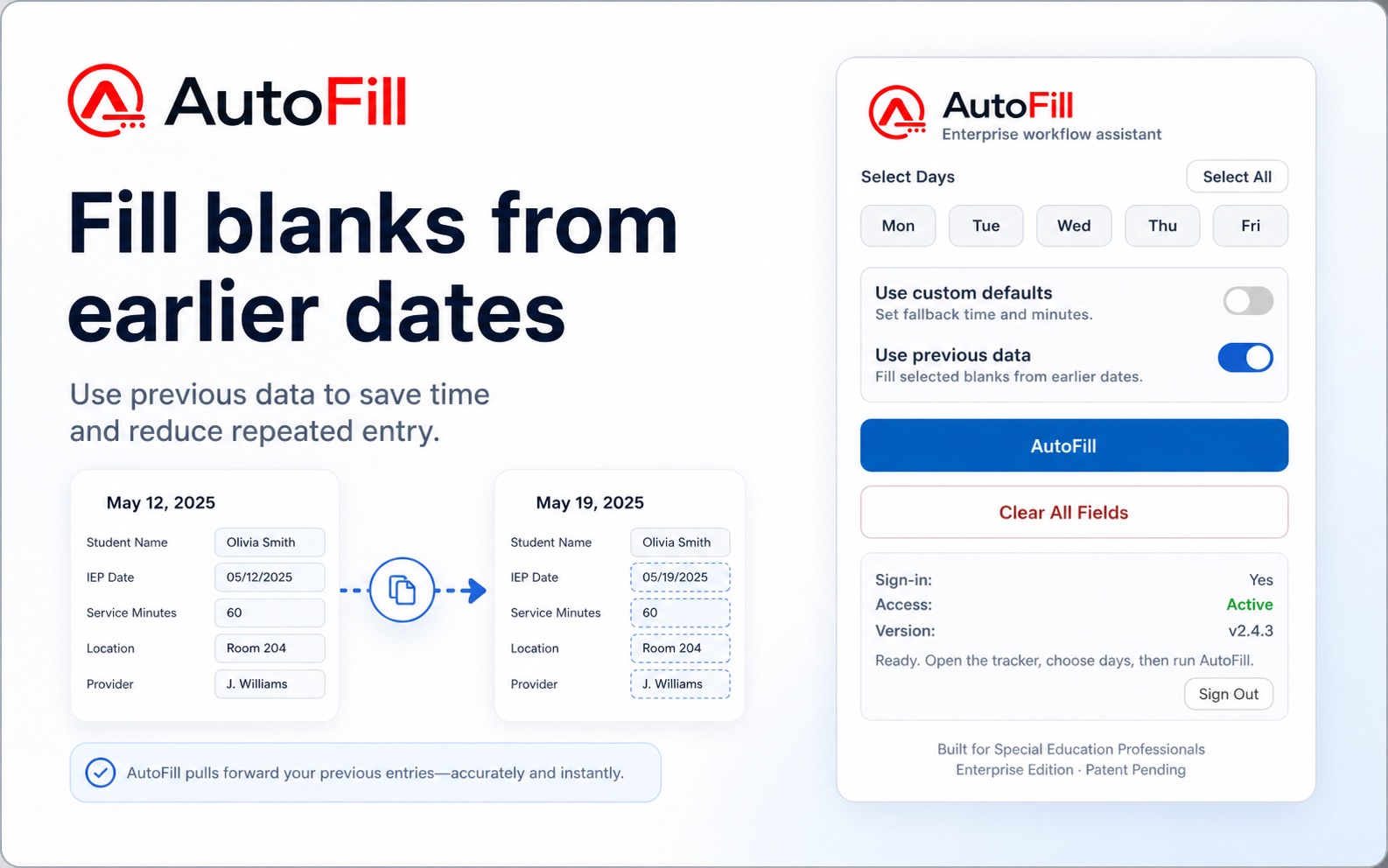 AutoFill preview showing blanks filled from earlier dates.
