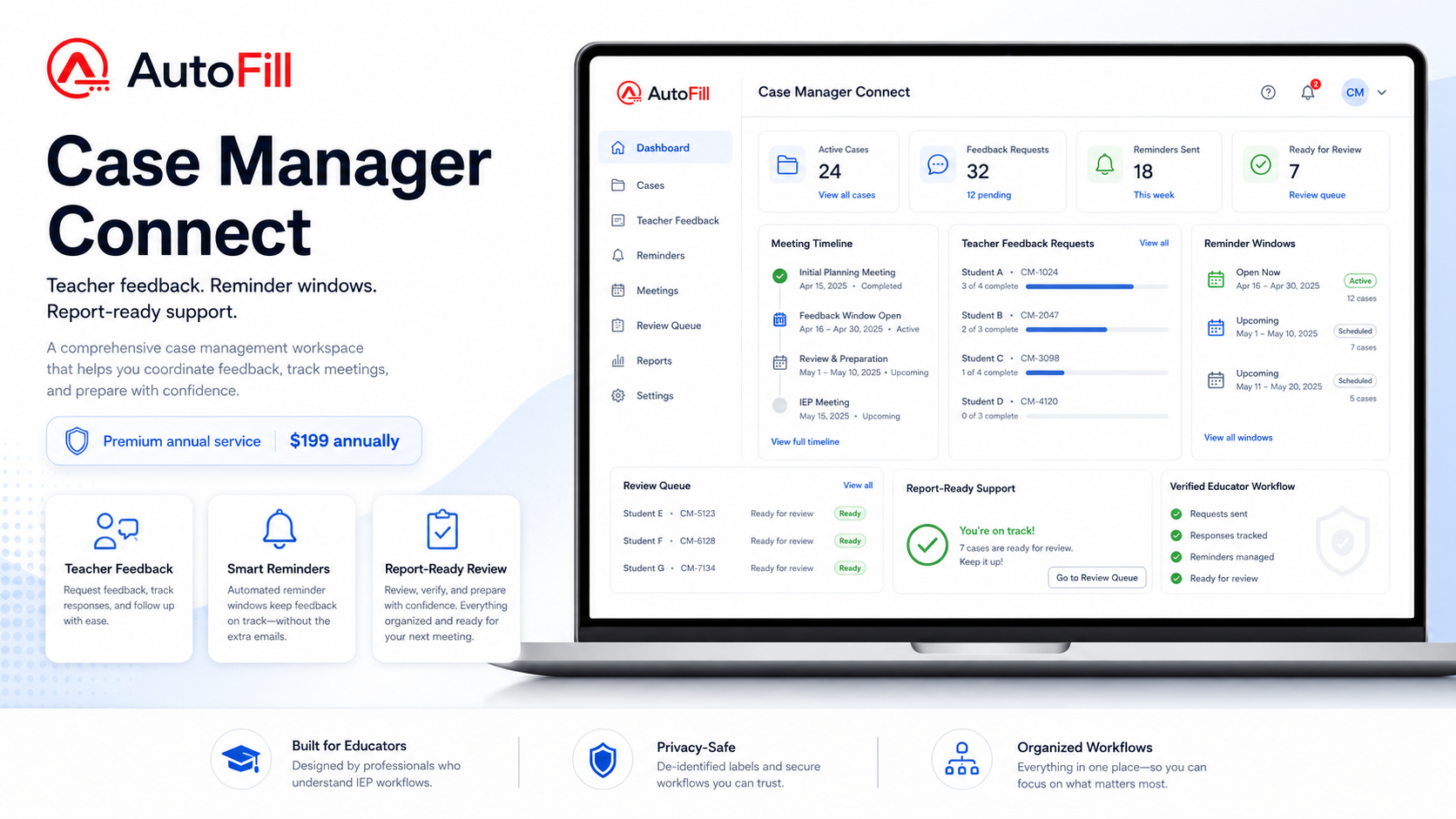 AutoFill Case Manager Connect promotional dashboard showing feedback requests, reminders, meeting timelines, and report-ready review.